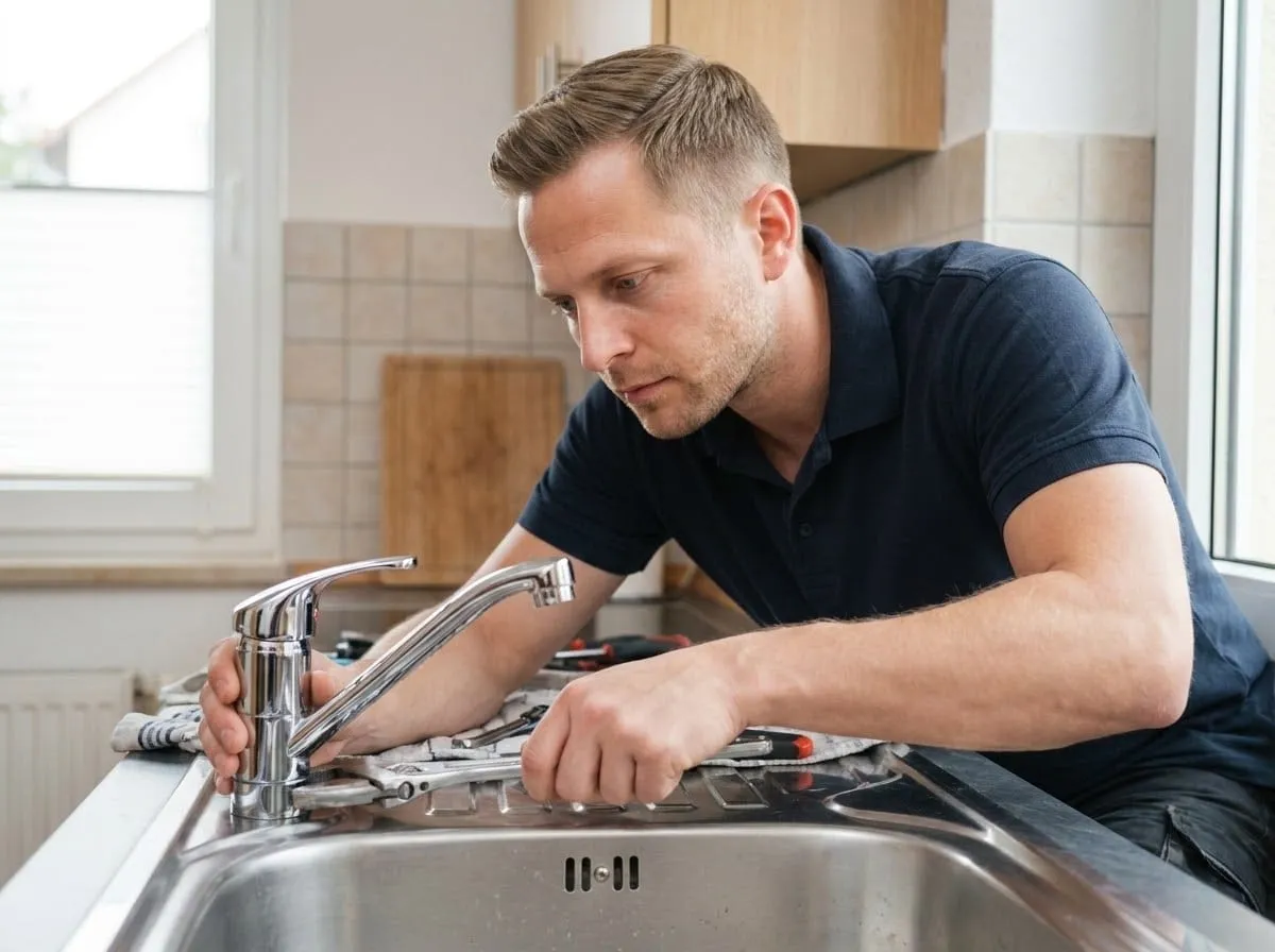 Klempner setzt eine neue Küchenarmatur auf die Spüle