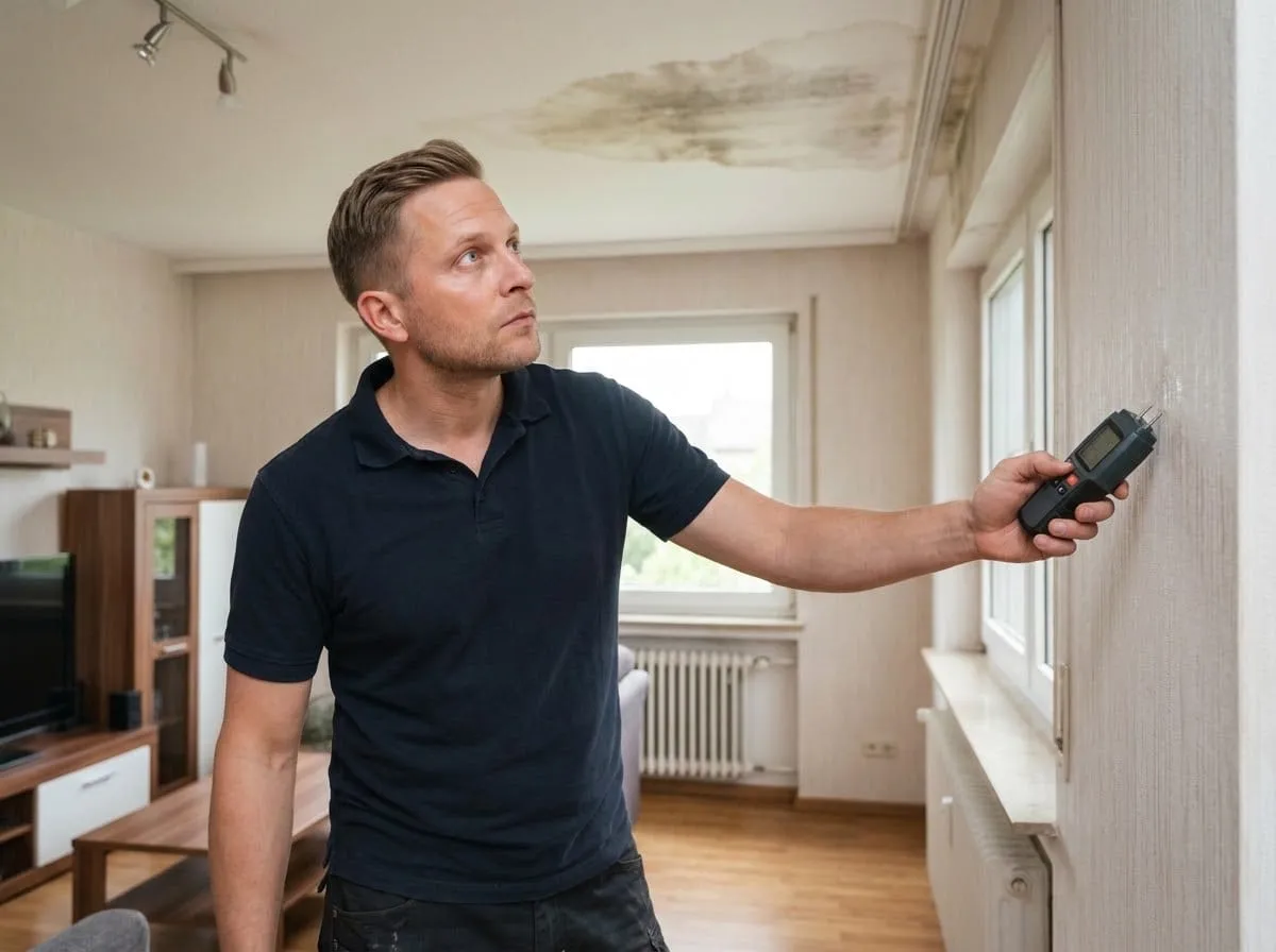 Klempner hält ein Feuchtemessgerät an die Wand unter einem großen Wasserfleck an der Decke